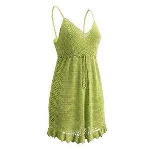 VTG y2k SayWhat Lime Green Crochet Knit Sundress Brat girl summer charli xcx